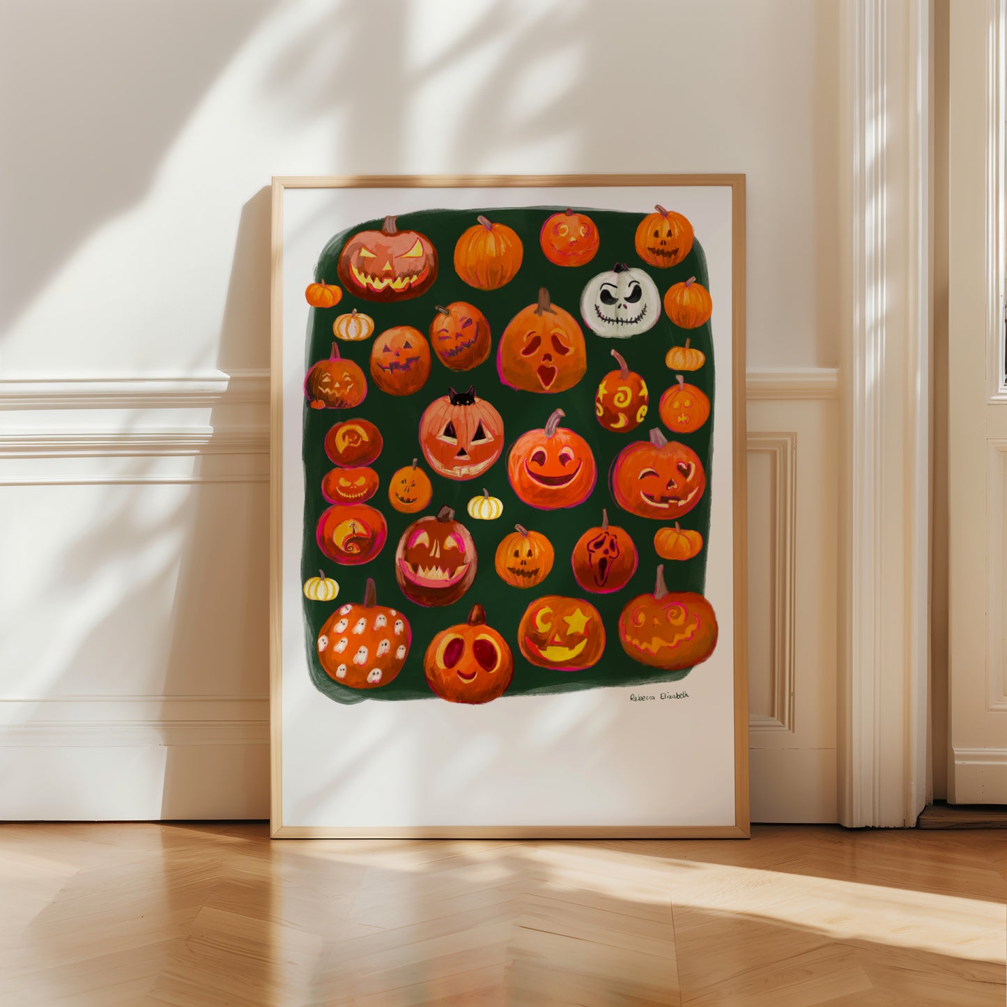 A selection of pumpkin illustrations with carved faces, painted faces in different sizes and shapes. All drawn in traditional oranges, with a couple of white gourds on a dark green background. 