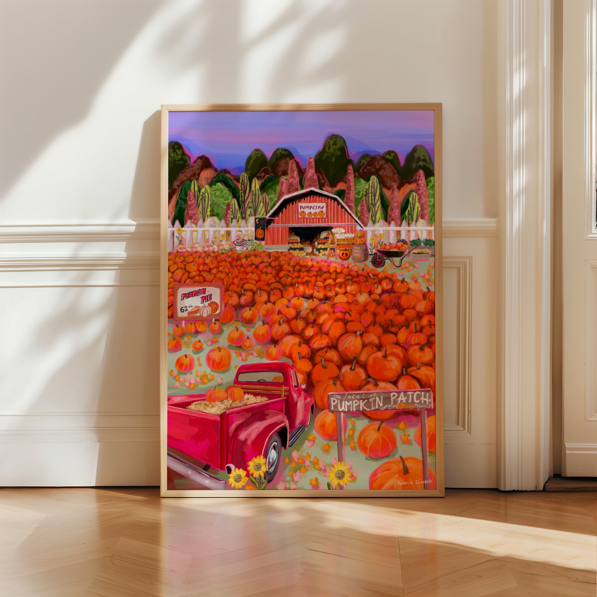 illustration of a pumpkin patch with lots of orange pumpkins, a red pickup ruck and a barn full of pumpkins. Autumnal trees in the background
