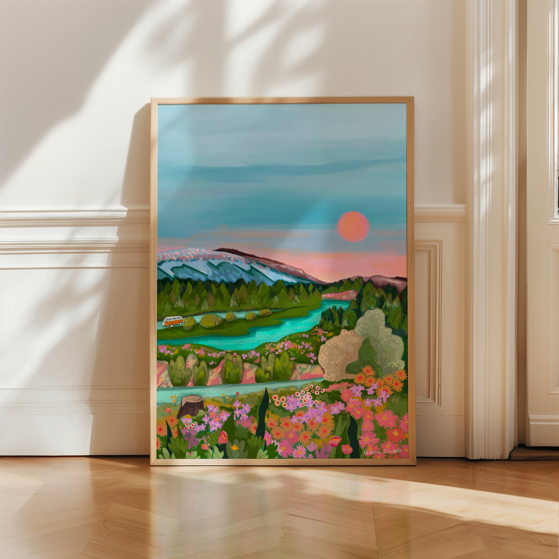 An illustration of the Three Lochs forest drive found in Stirling, Scotland.  Orange, pink and yellow flowers in the foreground, a winding road behind going around a tranquil turquoise lake and a little vw camper van riding away into the distance. A green forest of trees behind and blue mountains, with a setting sun in the sky of pink and yellow. There is a small signature in white the corner.  Designed by Rebecca Gibbs at Rebecca Elizabeth Draws.