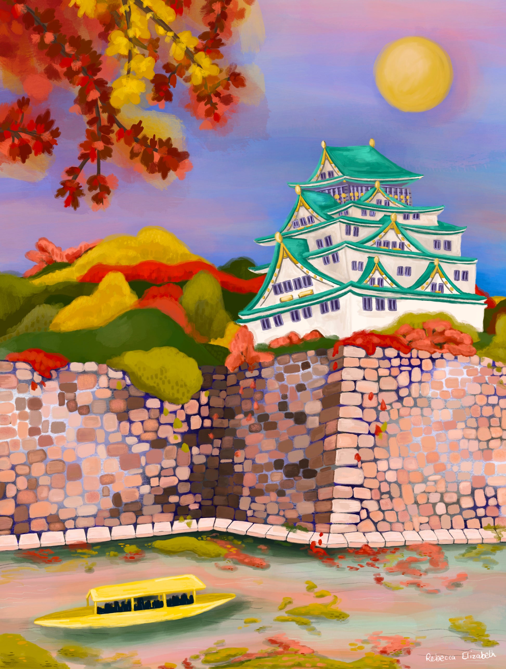 Illustration of Osaka castle, Japan. The moat around the outside, a yellow boat on the water & autumn leaves. The walls are cobbled in pinks. The castle is found next to trees. Blue sky with a setting sun & a branch over the top with red leaves. There is a small signature in white the corner.  Designed by Rebecca Gibbs at Rebecca Elizabeth Draws.