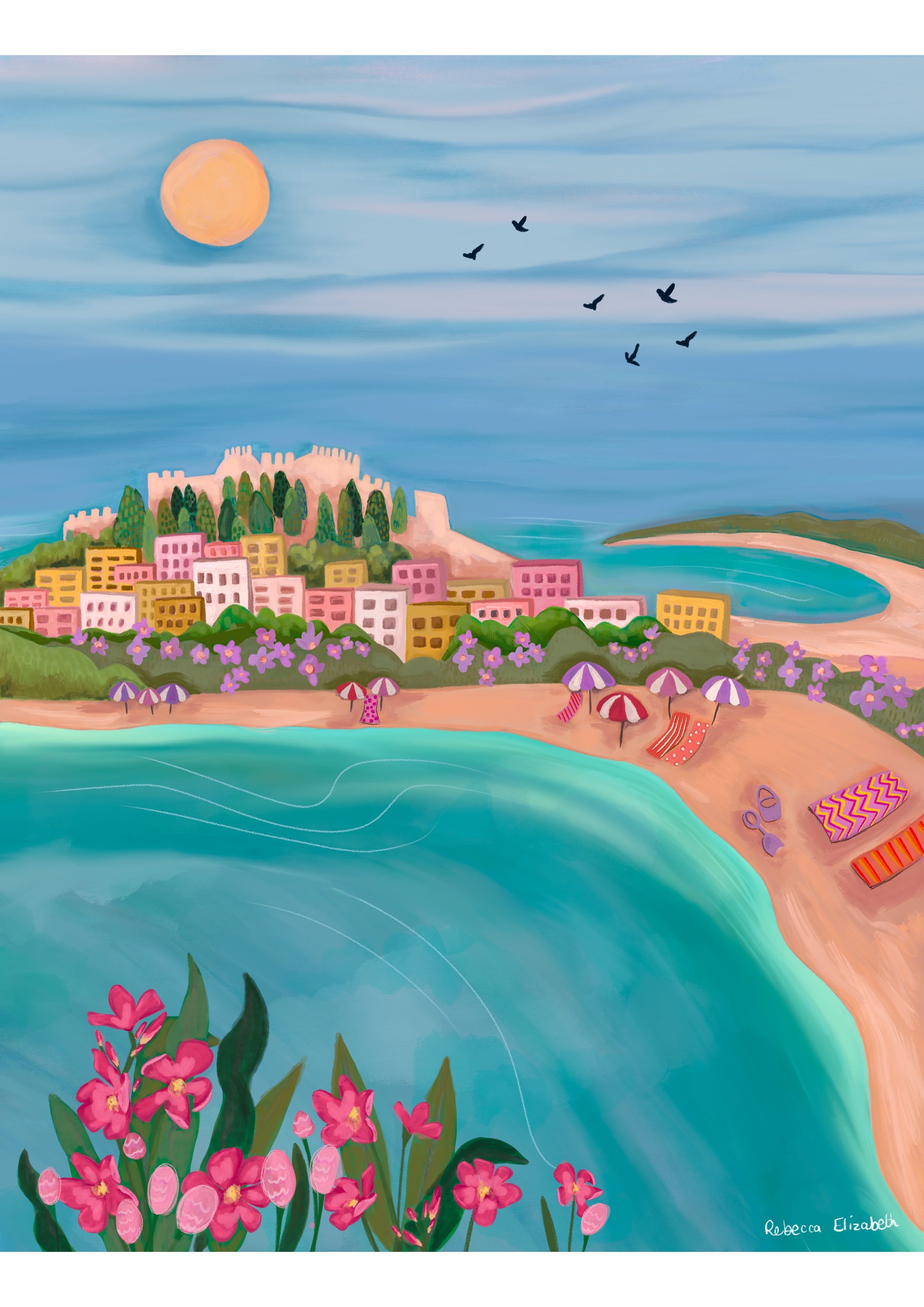 Illustration of Lindos, Greek island of Rhodes. Blue sea, flowers & the beach curving around. Buildings behind are yellow, cream & pink. The acropolis sits behind. St Pauls bay to the right, the water flows into the sky with the sun & bird silhouette. There is a small signature in white the corner.  Designed by Rebecca Gibbs at Rebecca Elizabeth Draws. 