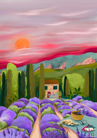 Lavender fields Provence, France. Purple lavender flowers leading to the centre. A picnic blanket with a dog, camera & books alongside a basket full of picked flowers. The centre features a house, big green trees & mountains set against a pink sky.