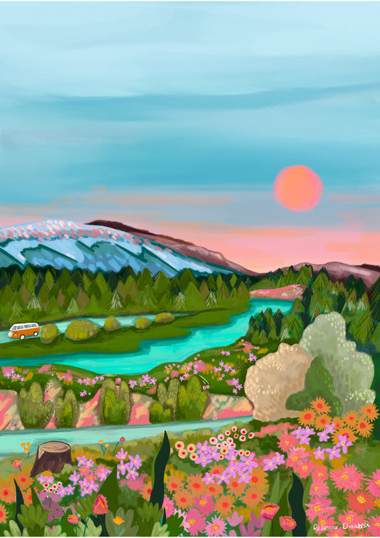 An illustration of the Three Lochs forest drive found in Stirling, Scotland.  Orange, pink and yellow flowers in the foreground, a winding road behind going around a tranquil turquoise lake and a little vw camper van riding away into the distance. A green forest of trees behind and blue mountains, with a setting sun in the sky of pink and yellow. There is a small signature in white the corner.  Designed by Rebecca Gibbs at Rebecca Elizabeth Draws.