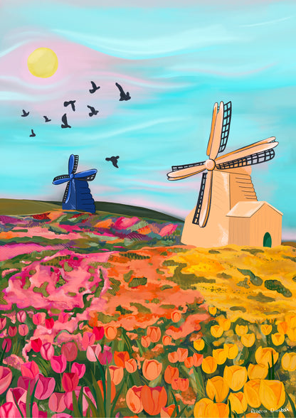 An illustration of the tulip fields in Amsterdam, The Netherlands. Tulip fields in yellow, orange & pink leading back to more field full of coloured flowers and a cream and blue windmill. The sky is a soft blue with bird silhouettes and a yellow sun. There is a small signature in white the corner.  Designed by Rebecca Gibbs at Rebecca Elizabeth Draws.