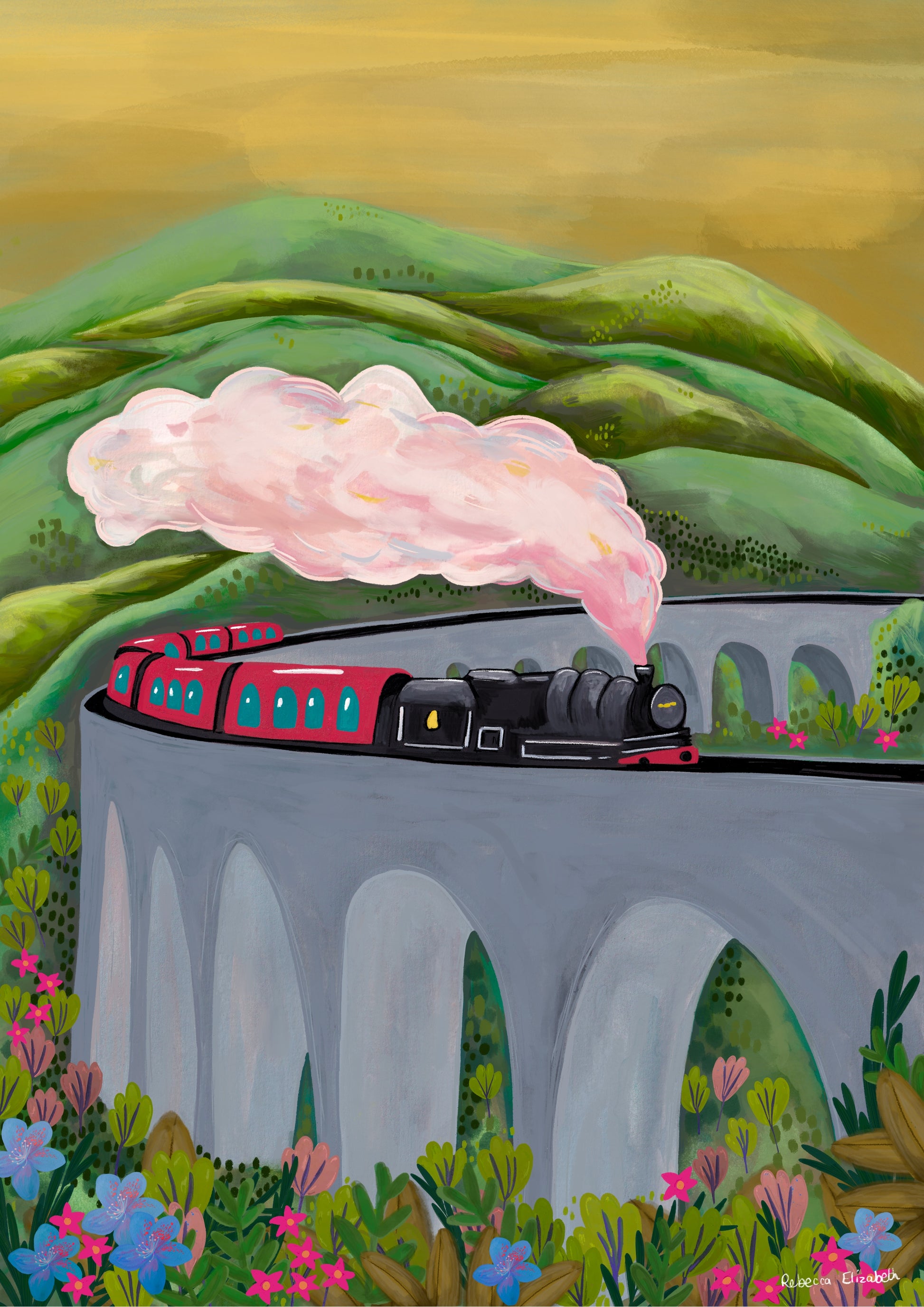 An illustration of Glenfinnan viaduct in Scotland, with the harry potter steam train going across. Set amongst rolling green hills with a golden sky and lots of pink and blue flowers in the foreground. A small signature in white the corner.  Designed by Rebecca Gibbs at Rebecca Elizabeth Draws.