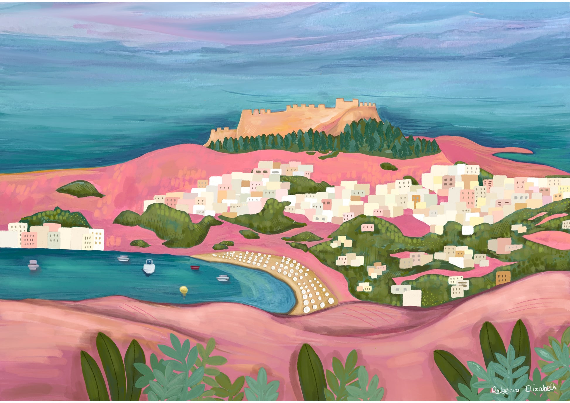 An illustration of Lindos town on the Greek island of Rhodes. With the typical whitewashed buildings set amongst the pink painted hill and greener dotted around, the blue sky and sea contrasts beautifully in this illustration. There is small signature in white the corner.  Designed by Rebecca Gibbs at Rebecca Elizabeth Draws.