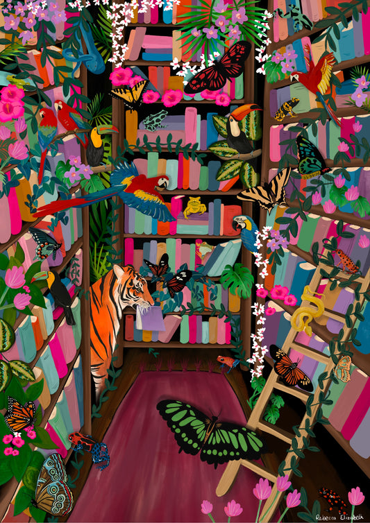 Library illustration that has been taken over by animals. A tiger librarian shelves a book, toucans and frogs to be found in between the books. Lots of butterflies flutter around. The piece features a bookcase either side going inwards and then a central bookcase, all full of colourful books. There is a ladder leaning against one of the units. This illustration features lots of pink, purple and turquoise. There is a small signature in white the corner.  Designed by Rebecca Gibbs at Rebecca Elizabeth Draws.