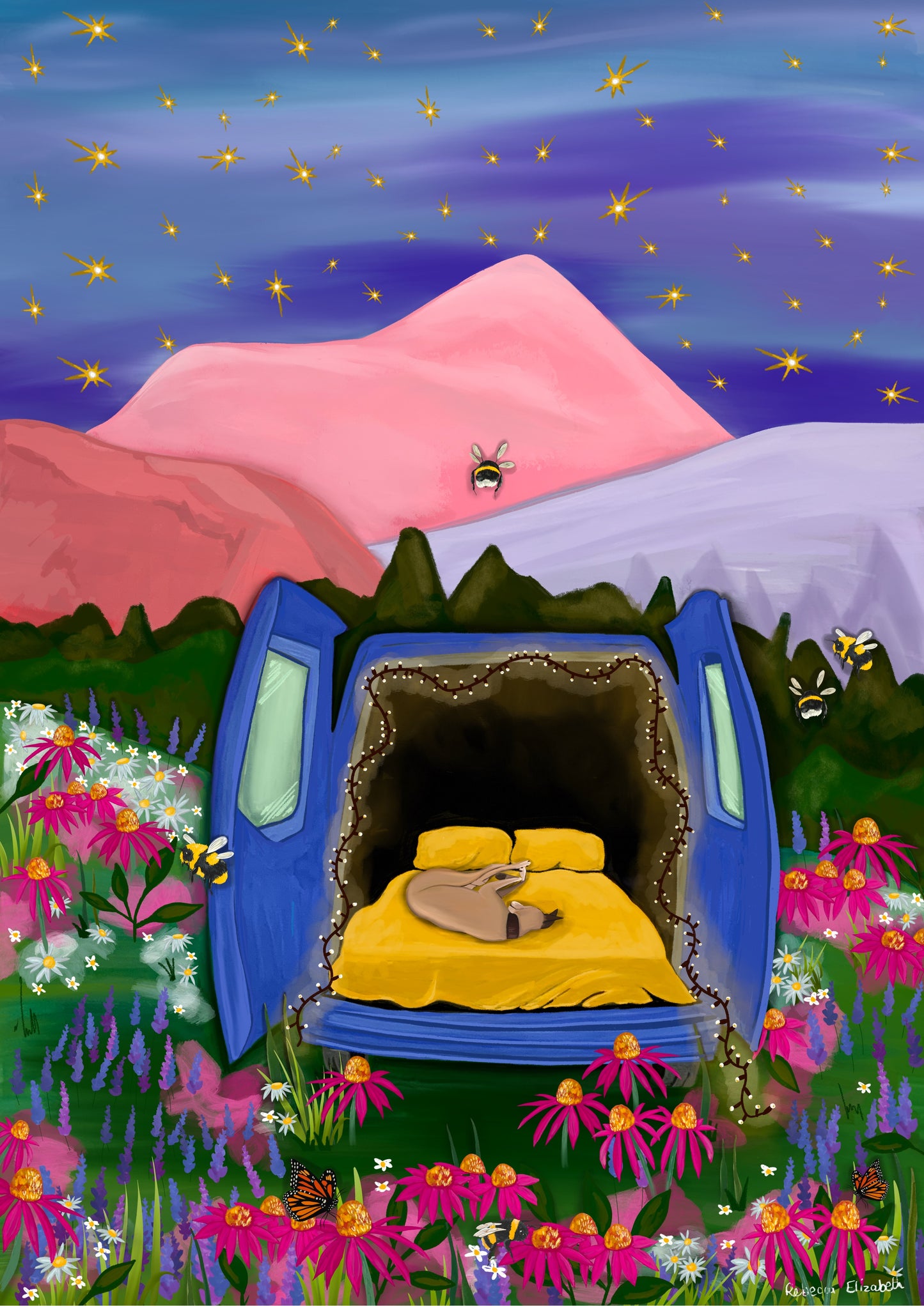 An illustration depicted camping in your van under the stars. The van doors are open at the back revealing a curled up dog and fairy lights around the outside. The field it sits on is full of flowers, butterflies and bumblebees. There is a pink, red and purple mountain behind and then a night sky full of stars. There is a small signature in white the corner.  Designed by Rebecca Gibbs at Rebecca Elizabeth Draws.