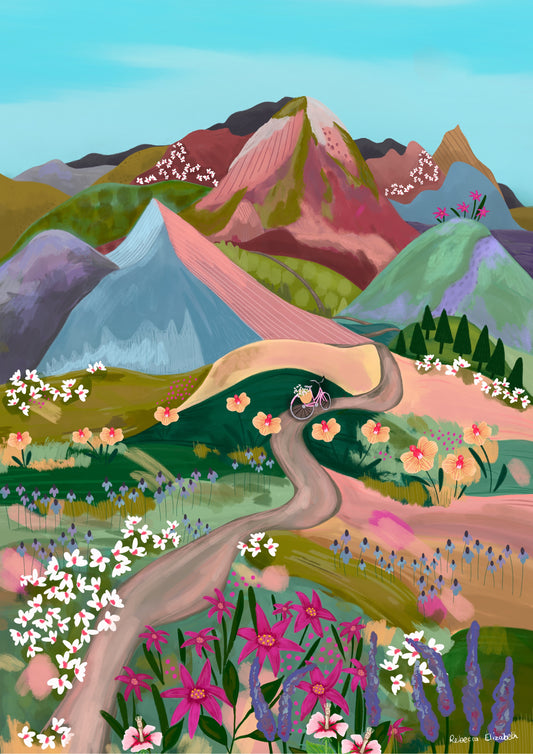 An illustration of a bike ride through the mountains. Fields of flowers in shades of green, pink, lilac, white and more. A winding path taken by the bicycle to the bottom of the mountains and then rolling mountains in lots of colours. These are muted but colourful rainbow mountains. There is a small signature in white the corner.  Designed by Rebecca Gibbs at Rebecca Elizabeth Draws.