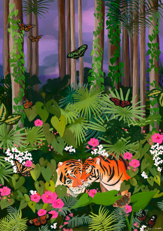 An illustration of two tigers nuzzling together amongst the jungle trees. Two tigers in their classic orange and black stripes, surrounded by green tropical leaves and vibrant red butterflies. Brown silhouetted trees behind and a dusk lit sky of purples and blues. There is a small signature in white the corner.  Designed by Rebecca Gibbs at Rebecca Elizabeth Draws.