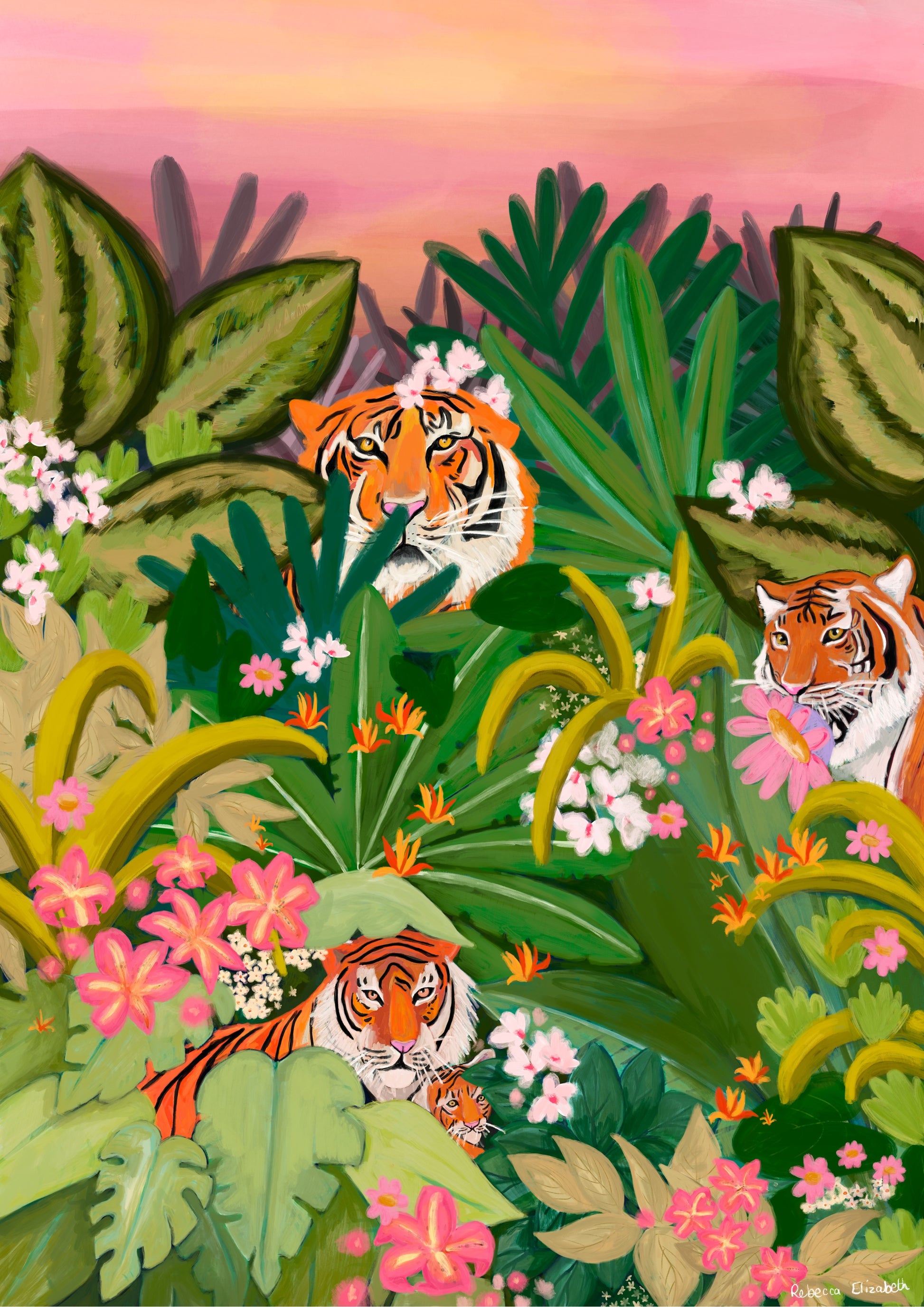 An illustration of tigers in the jungle, a tiger and its child, a tiger with a flower in its mouth and a tiger on its own. Set amongst lots of tropical leaves and pink and white flowers. A pink and yellow sky. There is a small signature in white the corner.  Designed by Rebecca Gibbs at Rebecca Elizabeth Draws.