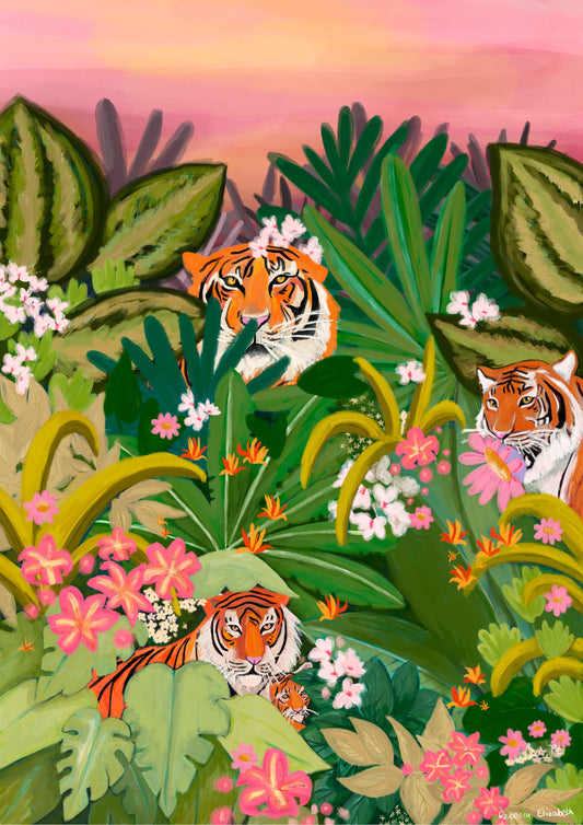 An illustration of tigers in the jungle, a tiger and its child, a tiger with a flower in its mouth and a tiger on its own. Set amongst lots of tropical leaves and pink and white flowers. A pink and yellow sky. There is a small signature in white the corner.  Designed by Rebecca Gibbs at Rebecca Elizabeth Draws.