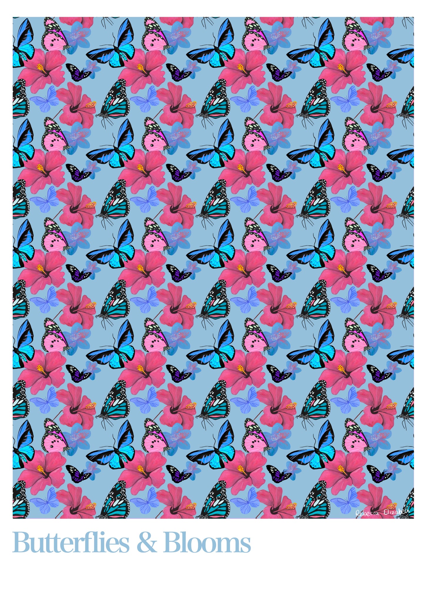 An illustration of butterflies and flowers on a art print. Butterflies & Blooms art illustration, hand painted in gouache and created into a beautiful pattern on a baby blue background. Pink flowers with blue & pink butterflies and moths.