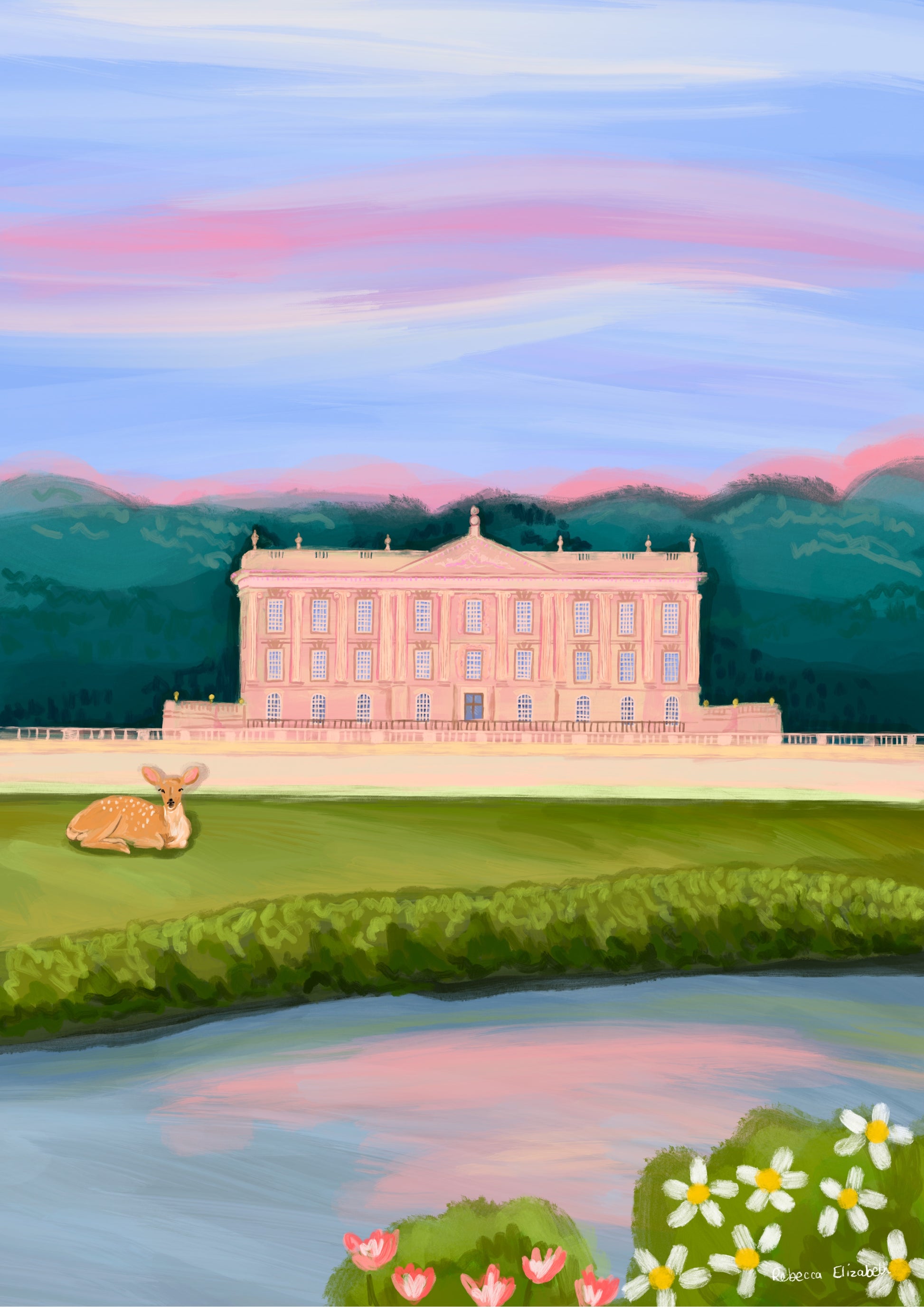 An illustration of Chatsworth house, a stately home found in the Derbyshire Dales. The house is a soft pink surrounded by green trees and fields, a river runs along the front and a deer rests in the foreground. The sky is a soft blue and pink hue, the colours of a beautiful sunset. A small signature in white the corner.  Designed by Rebecca Gibbs at Rebecca Elizabeth Draws.