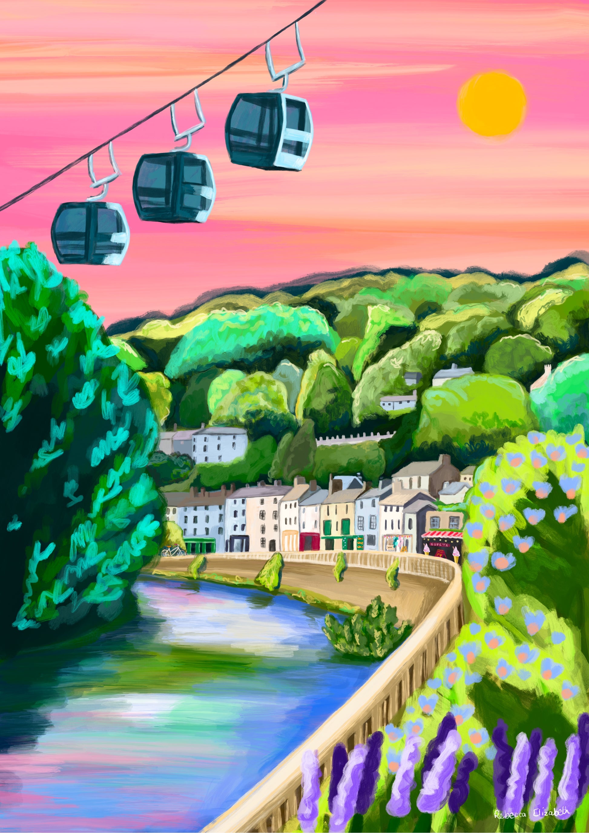 A vibrant and colourful illustration of the beautiful Derbyshire Dales village, Matlock Bath. This illustration features the famous cable cars in the top left hand corner. Then a look across from the river, with the houses and shops set against the big hills. Lots of greenery and a bright pink sky with a bright shining sun. There is a small signature in white the corner.  Designed by Rebecca Gibbs at Rebecca Elizabeth Draws.