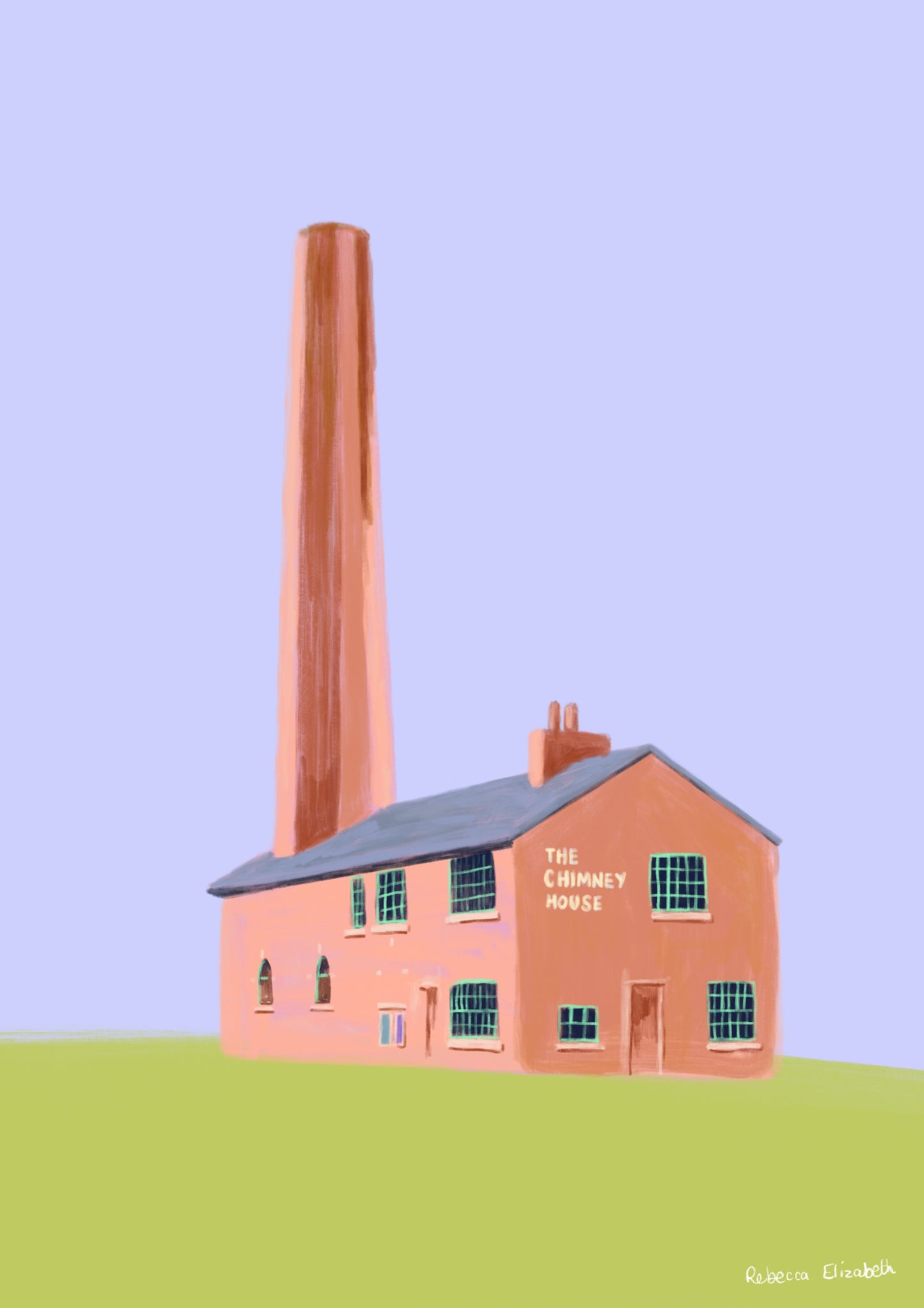 The Kelham Island Series - The Chimney House illustration on a purple and green background