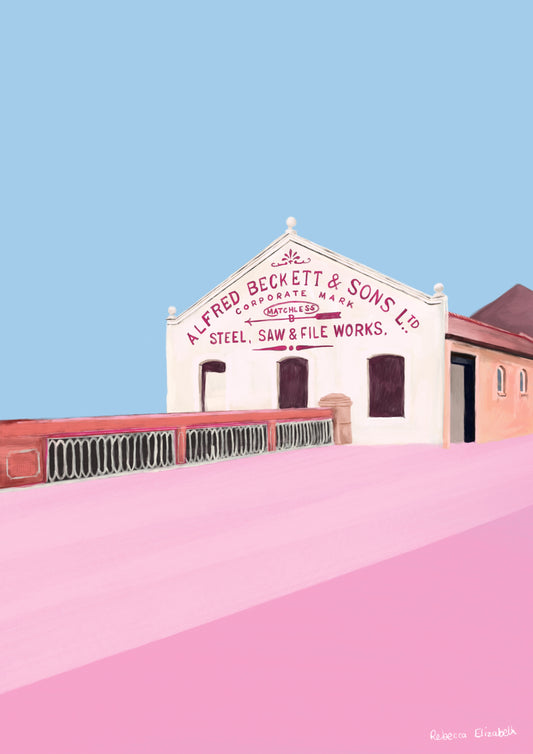 Alfred Beckett & Sons Ltd industrial building - Kelham Island Sheffield illustration on a pink and blue background