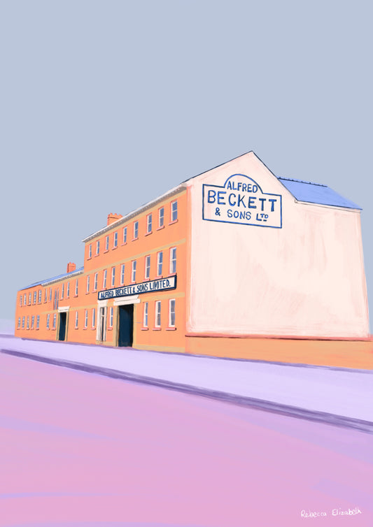 Alfred Beckett & Sons Ltd industrial building - Kelham Island Sheffield illustration on a pink and blue background