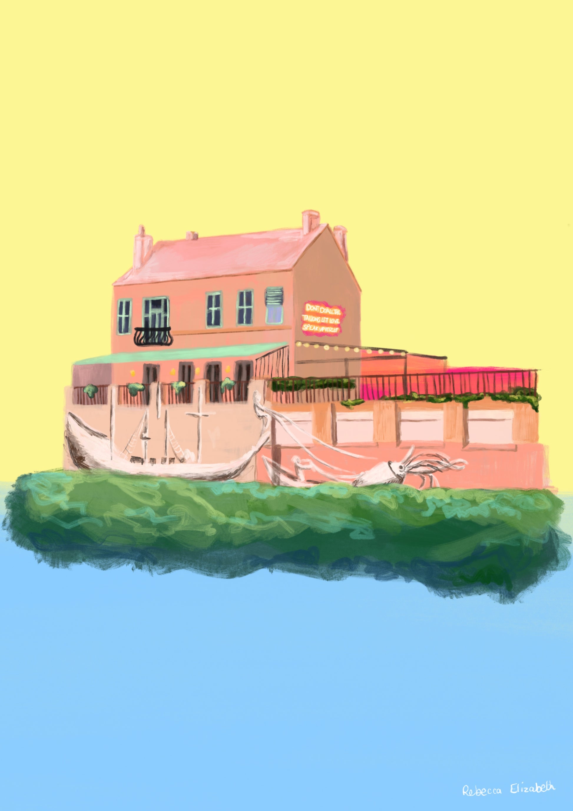 The Kelham Island Series - Riverside Pub illustration on yellow and blue