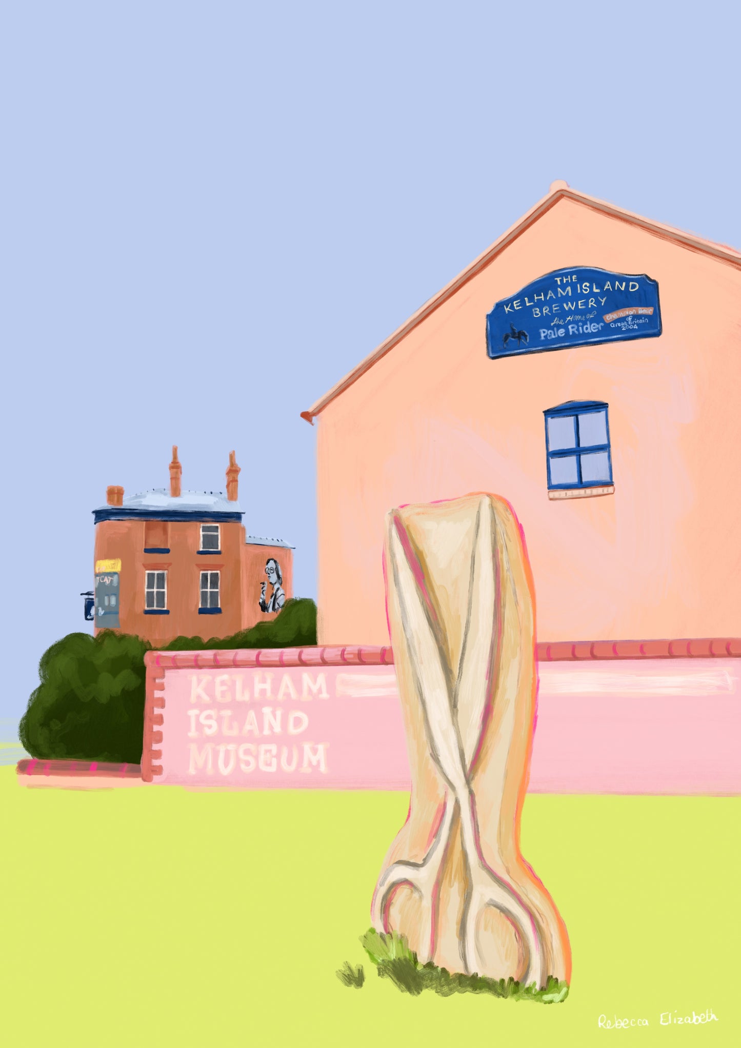 The Kelham Island Series - Kelham Scissor Sculpture illustration on a green and blue background