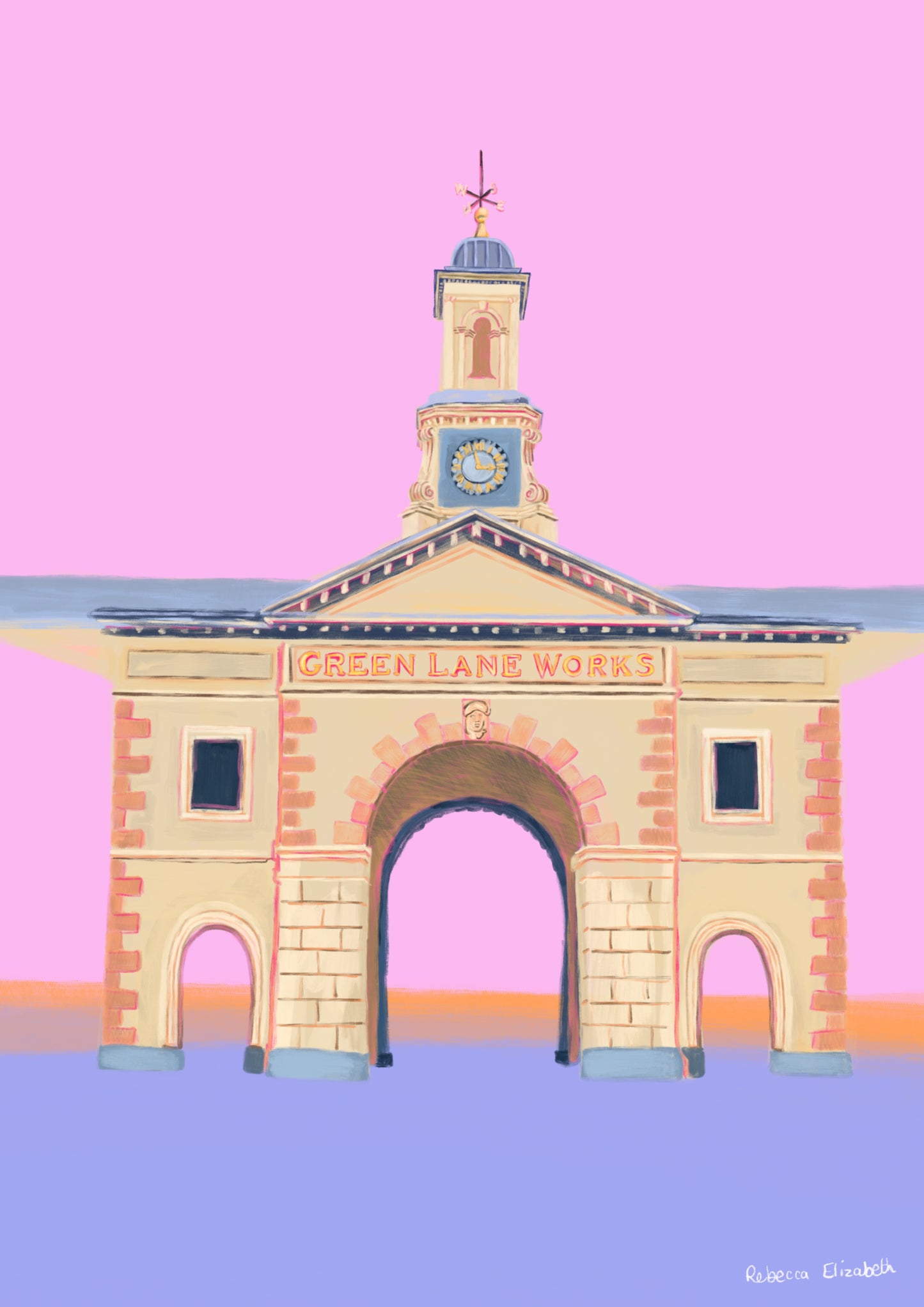 The Kelham Island Series - Green Lane Works Clocktower illustration on a purple and pink background