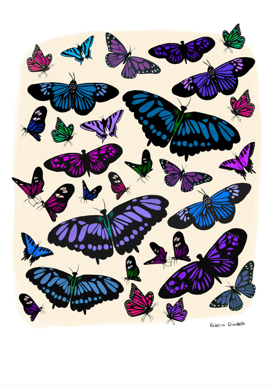 A collection of butterflies and moths hand painted in gouache in blues and purples and black. Then edited digitally into a collaged design on a cream background and a small signature underneath. Designed by Rebecca Gibbs at Rebecca Elizabeth Draws.