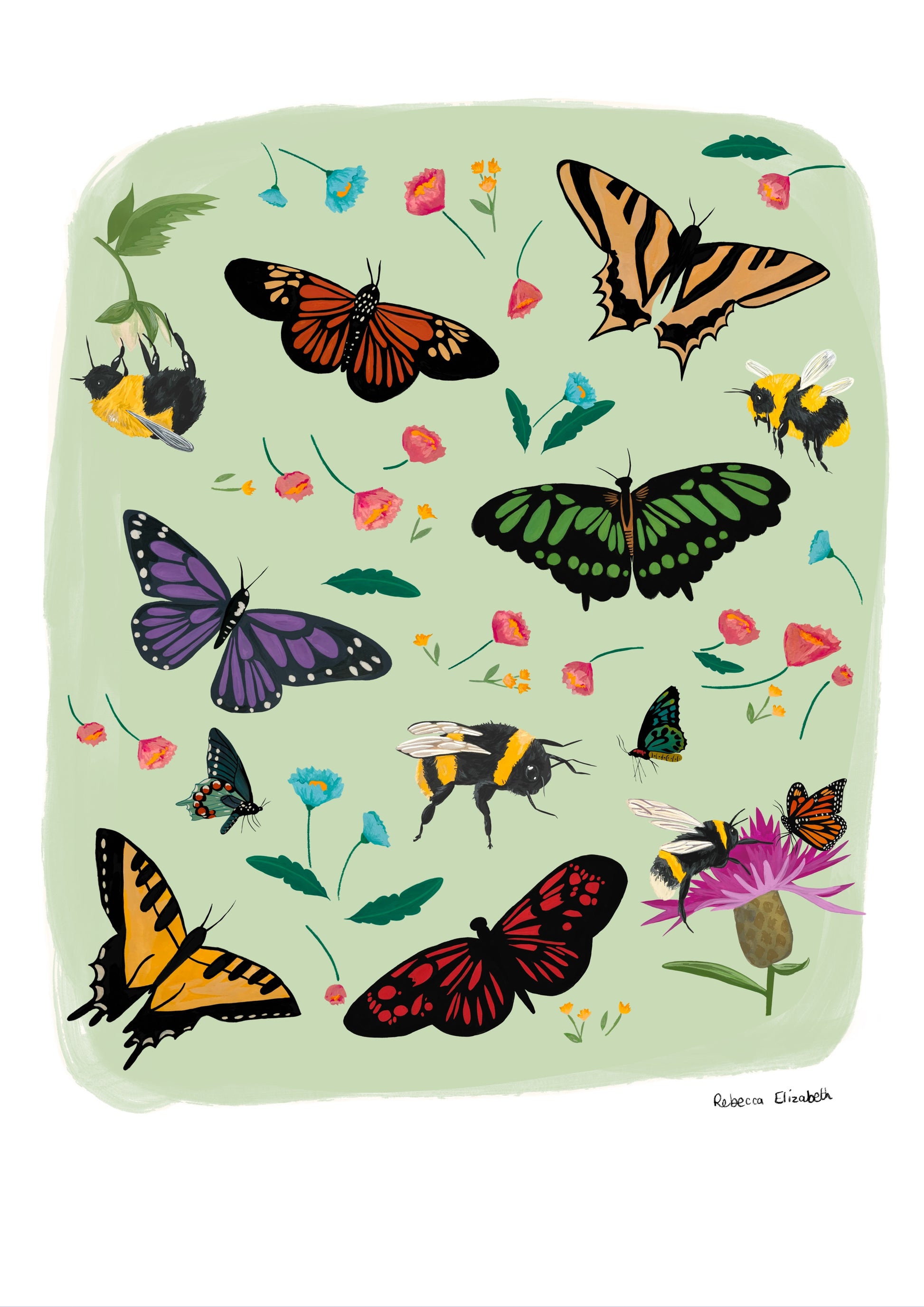 A collection of wildflowers, bumblebees and butterflies hand painted in gouache and edited digitally into a collaged design on a light green background and a small signature underneath. The butterflies are purple, red, cream and green. The flowers are delicate in pinks and blues. 