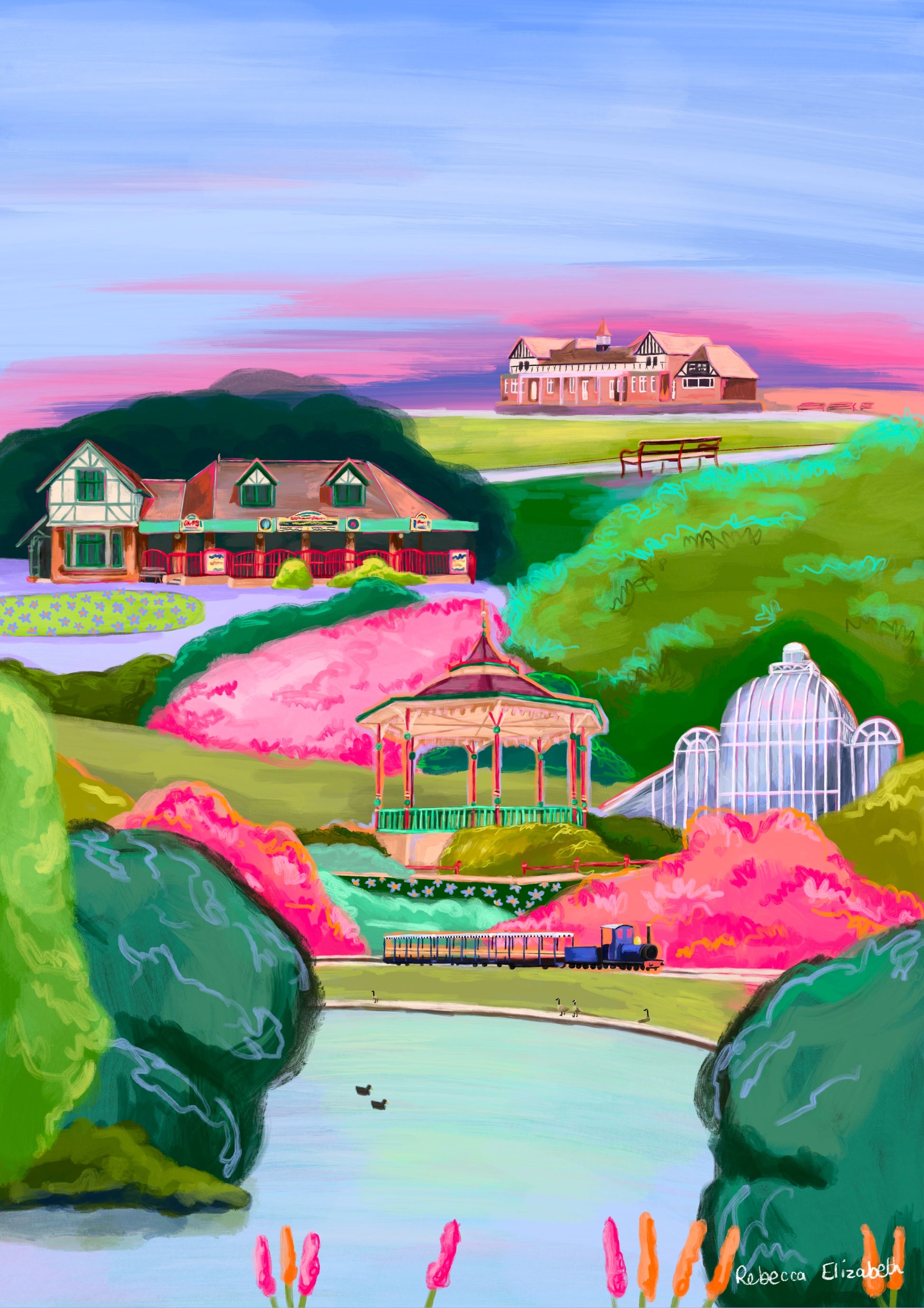 A vibrant and colourful illustration of Queens Park Chesterfield in Derbyshire. An illustration including queen’s parks pond, train, cricket building, glass building, café and more. Green trees and plants with vibrant pink blossom trees. There is a small signature in white the corner.  Designed by Rebecca Gibbs at Rebecca Elizabeth Draws.