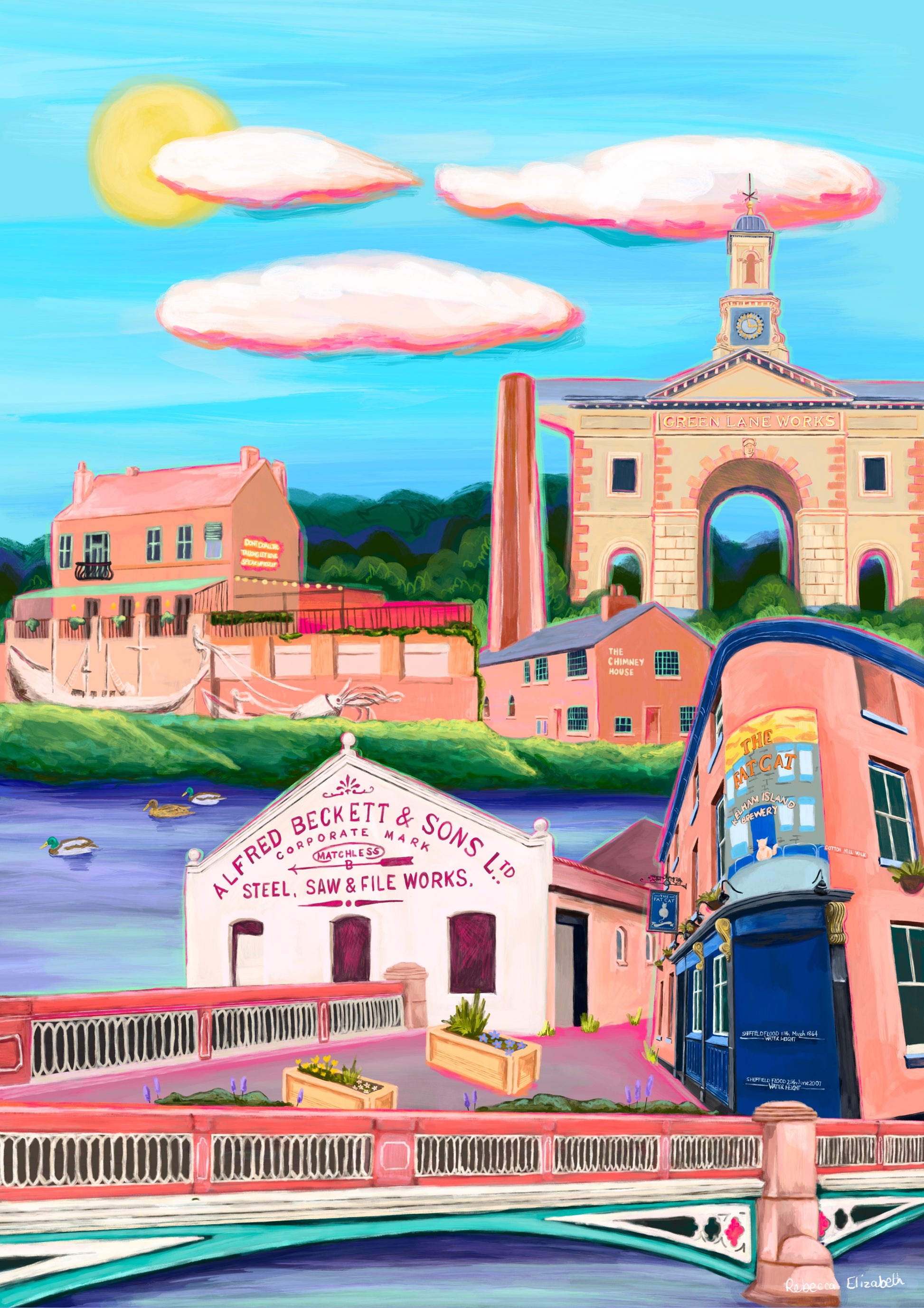 An illustration of Kelham island in Sheffield. Colourful drawings of the following places; Alfred Beckett & Sons Ltd, The Fat Cat Pub, The Riverside Pub, River Don, Green Lane Works Clocktower, The Chimney House. Set against a blue sky with fluffy clouds and the shining sunshine. An illustration with lots of blue and pinks. A small signature in white the corner.  Designed by Rebecca Gibbs at Rebecca Elizabeth Draws.