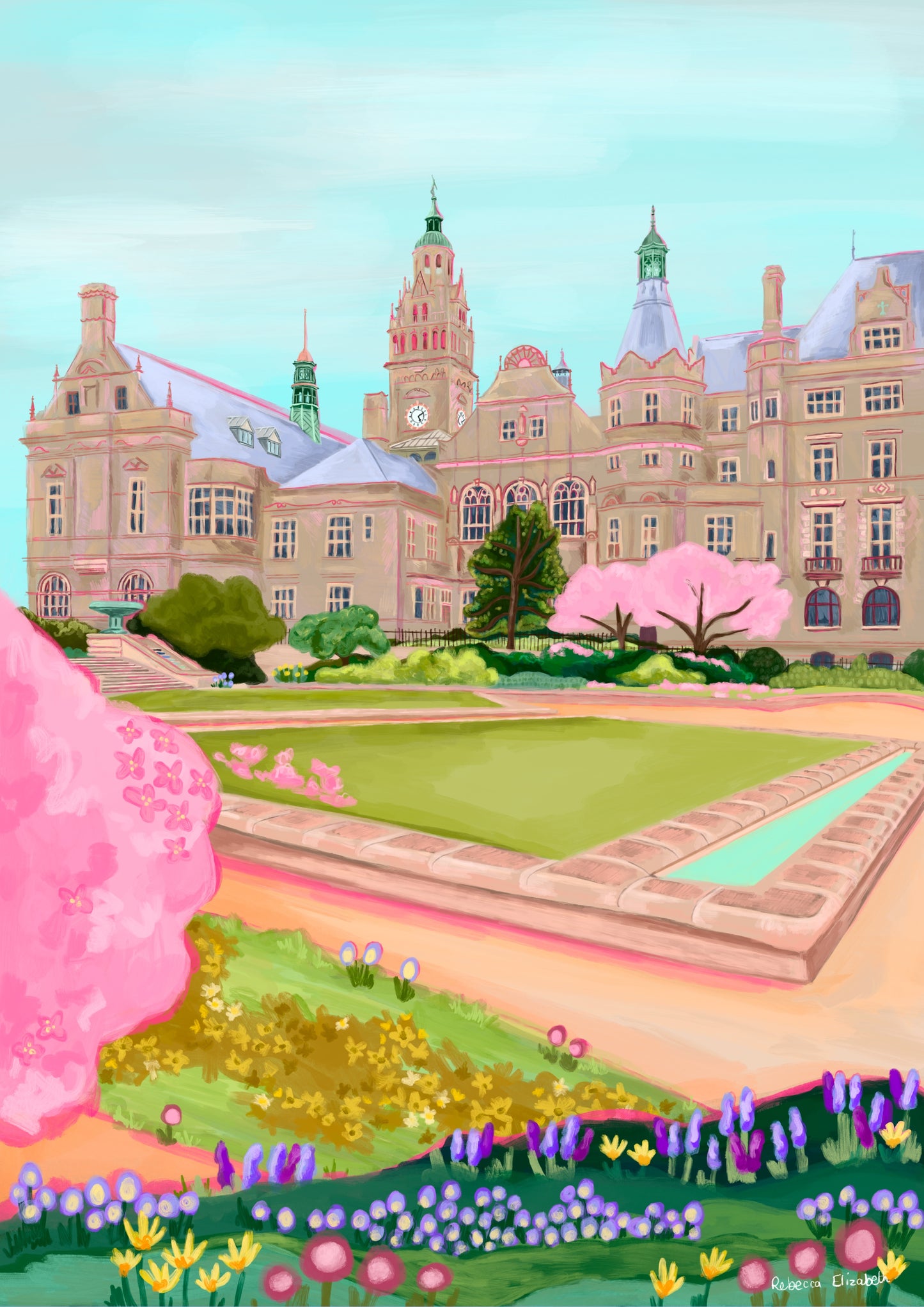 An illustration of the view of the Peace Gardens, Sheffield city centre in springtime. A soft brown building of Sheffield’s town hall with trees in front and pink blossom trees in soft pinks. The foreground features the peace garden with patches of grass amd then flowers in yellows and purples underneath another pink blossom tree in the front and a baby blue sky. There is a small signature in white the corner.  Designed by Rebecca Gibbs at Rebecca Elizabeth Draws.