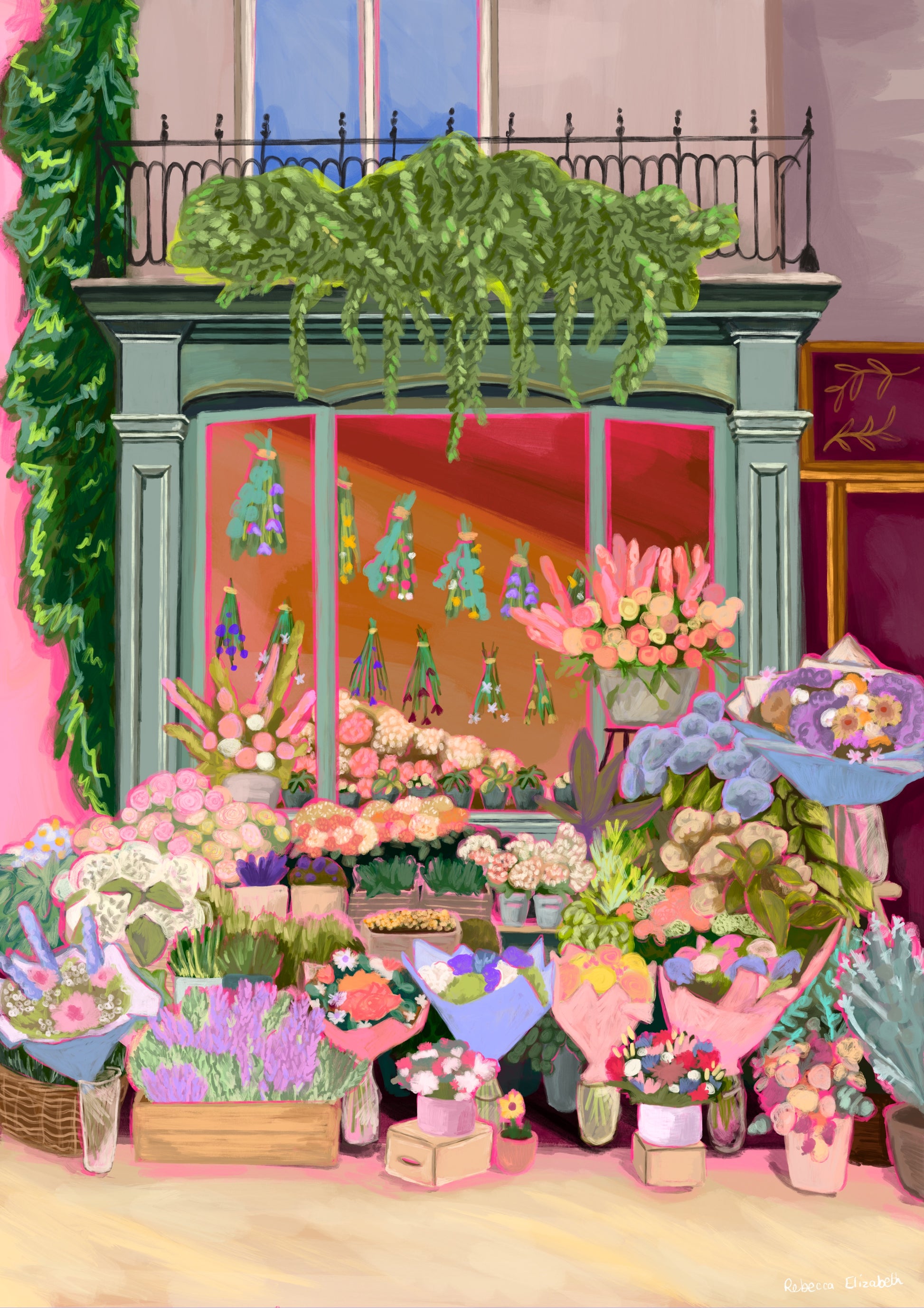 Illustration of a beautiful flower shop, the window shows the flowers drying inside and outside there are rows of bunches of flowers and pots of plants. This illustration is soft brown and pink with bright highlights throughout. 