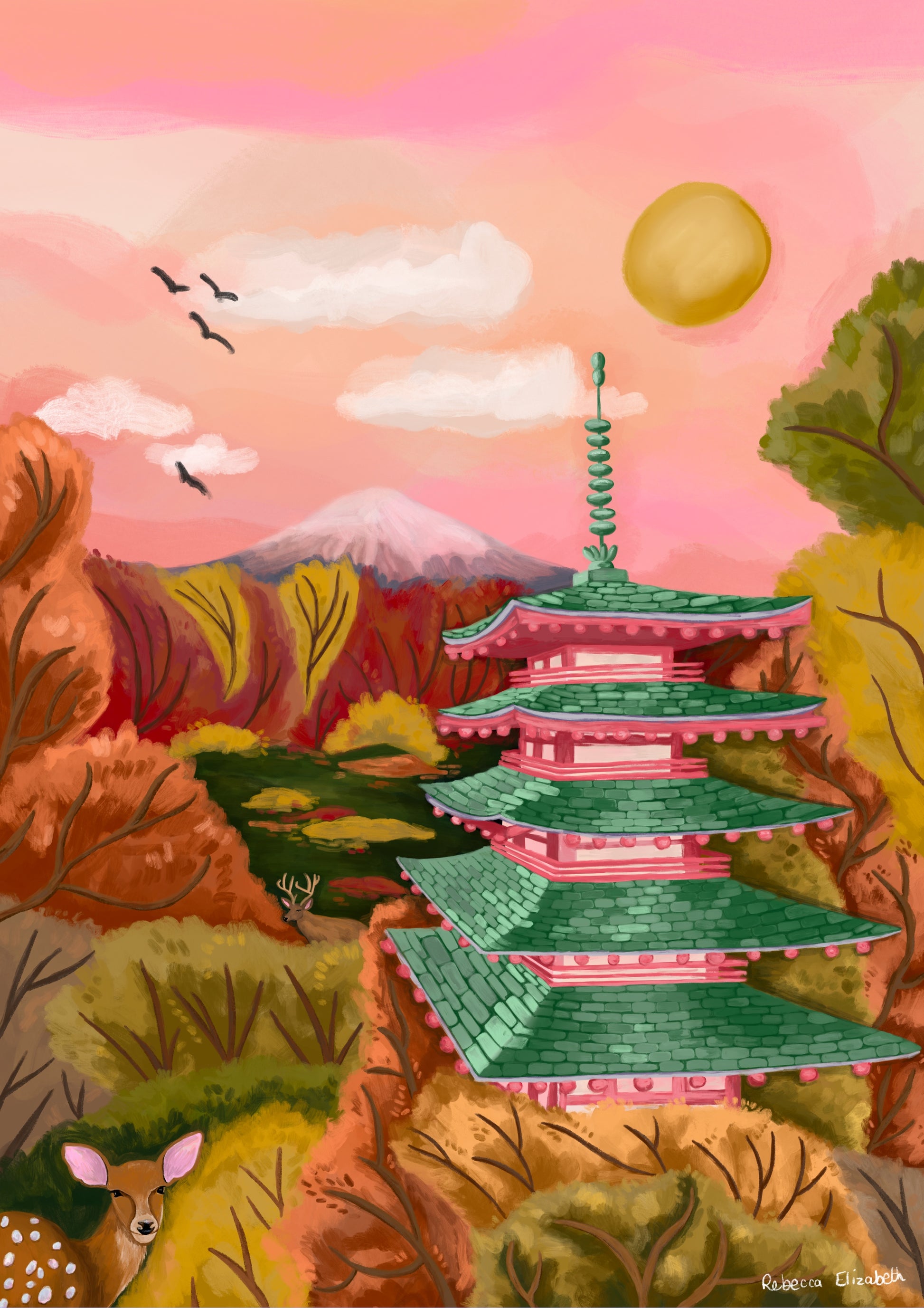 An illustration of Kawaguchiko Pagoda view of Mount Fuji, Tokyo, Japan. Pink and orange sunset sky with mount fuji featured in the background. Autumnal leaves and trees in the foreground in olive green, mustard yellow and burnt orange. The traditional emerald green pagoda with a colourful twist and pink walls on the building. A small signature in white the corner.  Designed by Rebecca Gibbs at Rebecca Elizabeth Draws.