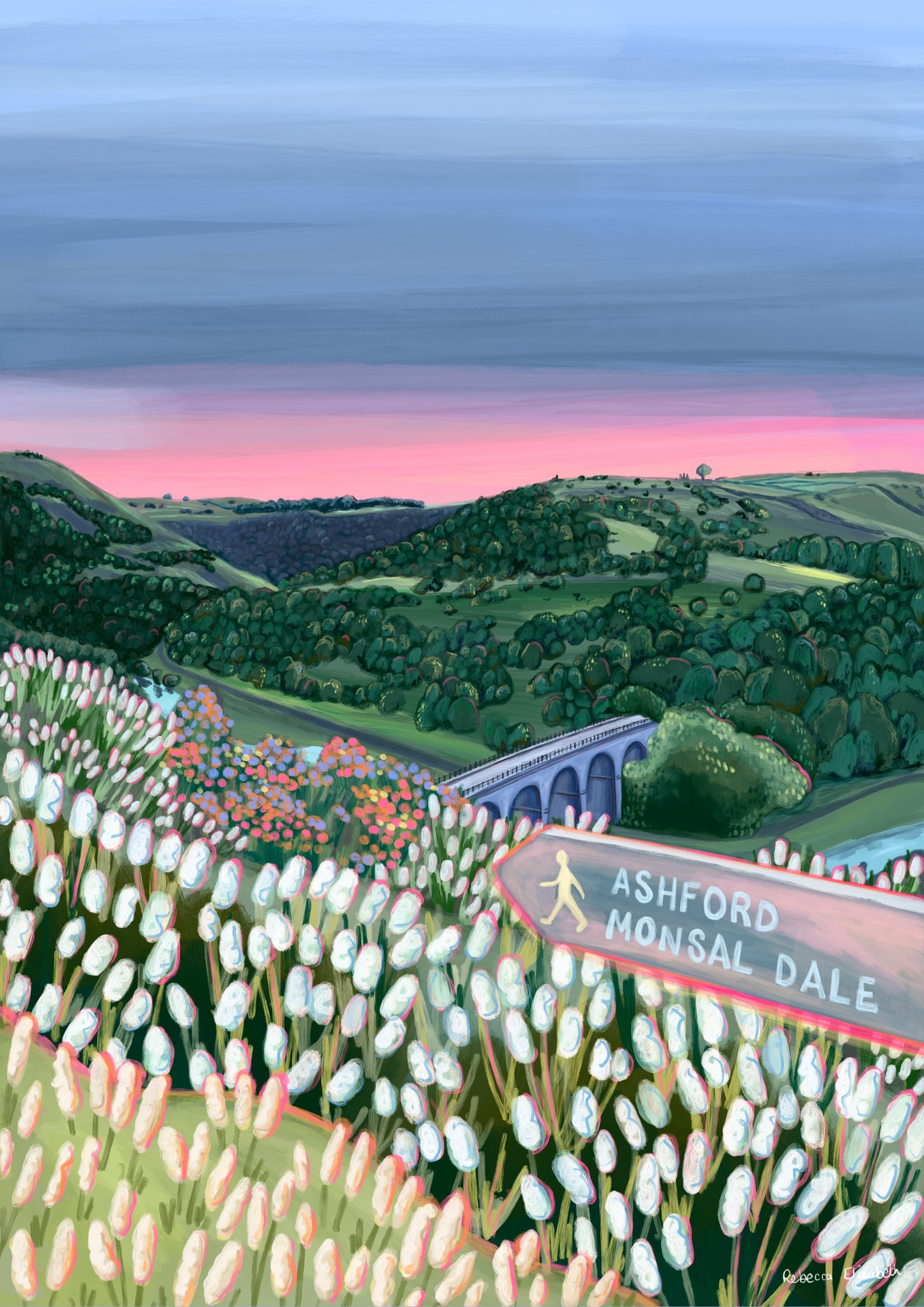 An illustration of Monsal Head in Derbyshire, Peak District. Rolling green hills filled with trees, an old viaduct over the river Wye and white flowers in the foreground. The sky is a setting sun with pink on the horizon fading into dark blue grey. 