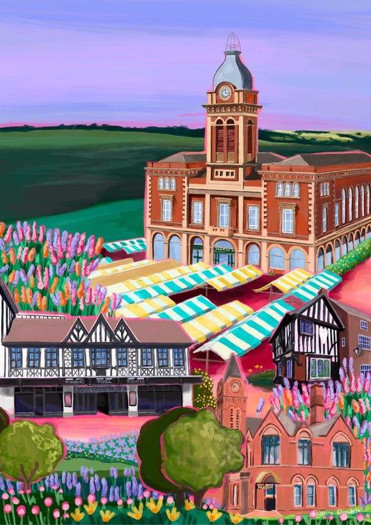 Chesterfield market town in Derbyshire illustration. A colourful market hall, winding wheel theatre, museum & towns oldest pub the royal oak are all illustrated with pink highlights whilst staying true to their authentic colours. The foreground is full of flowers, & the buildings lay against fields of green & a purple sky. 