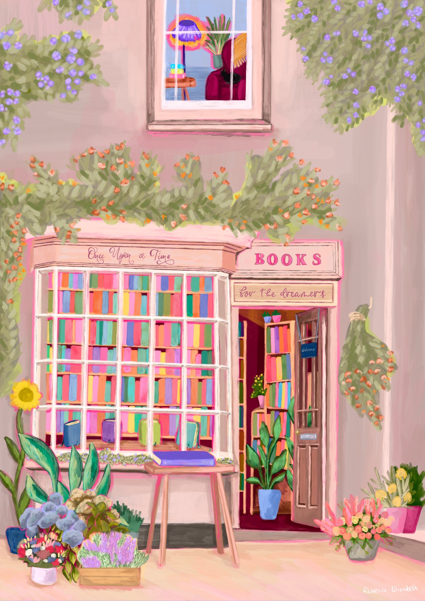 An illustration of a cute bookshop, the window shows the bookshelves inside full of bright coloured book spines. There are books placed stood up at the front. Outside the building is a soft colour with lots of greenery in soft pale greens and orange and lilac flowers. In front of the building there are plant pots and flowers. There is a small signature in white the corner.  Designed by Rebecca Gibbs at Rebecca Elizabeth Draws.