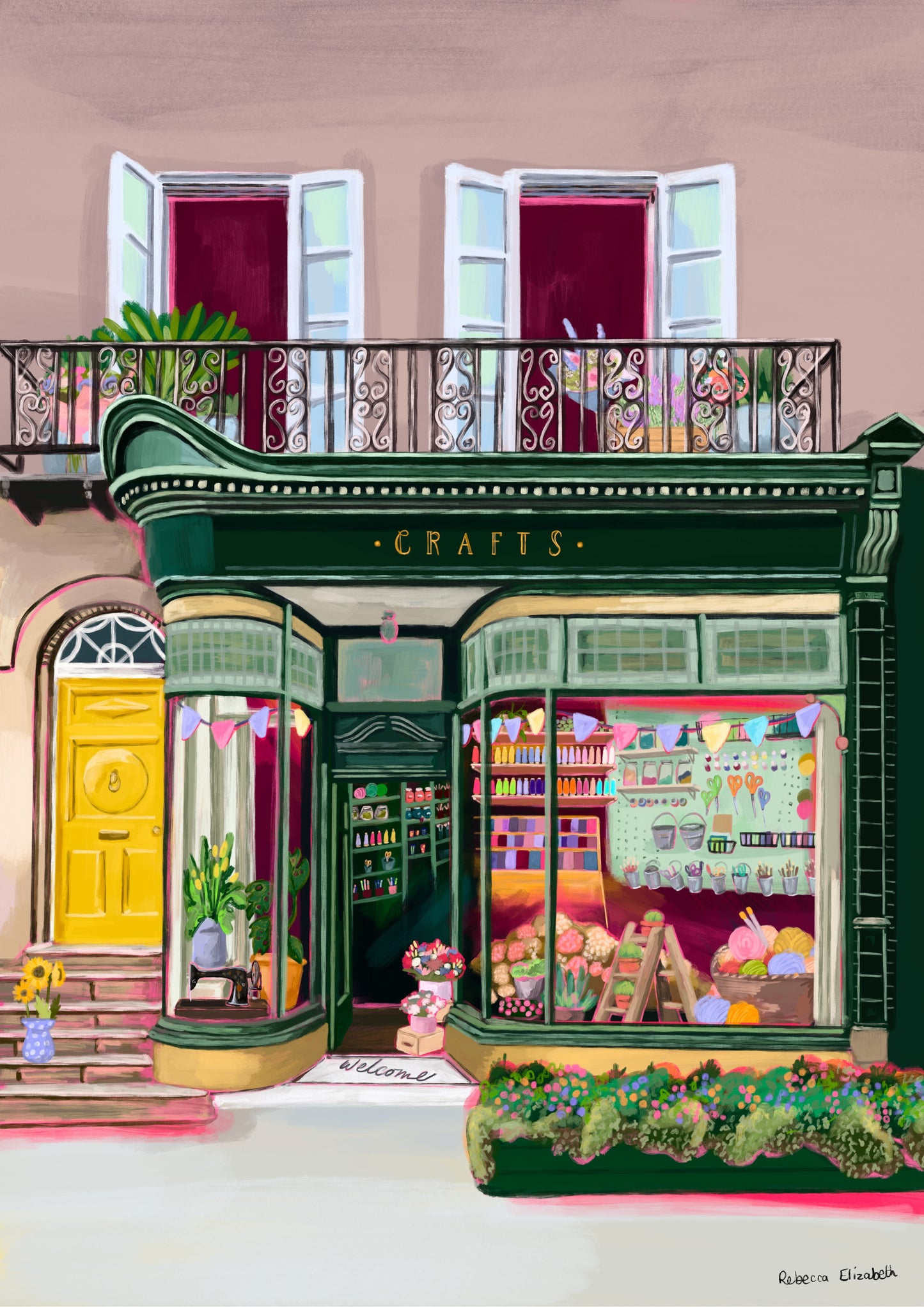 A colourful illustration of a craft shop with the store front in green and looking through the window and at all the goodies. Sewing, drawing, painting, we have it all here at the craft shop. Designed by Rebecca Elizabeth draws. 