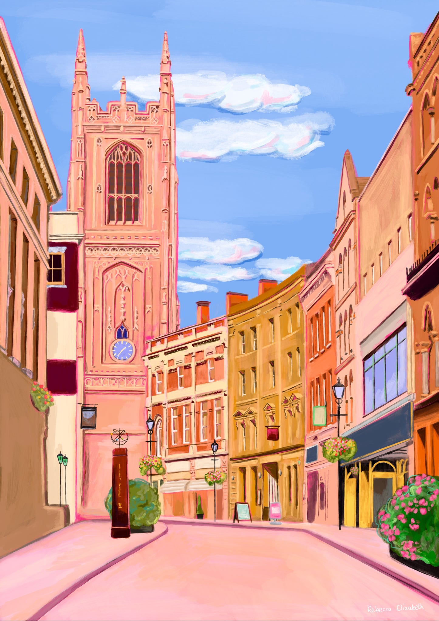 Illustration of Irongate in derby with a view at the cathedral down the street of shops. Drawn in retro colours yellow, pink, orange & blue with a soft whimsy style and vintage elements by Rebecca Elizabeth Draws.