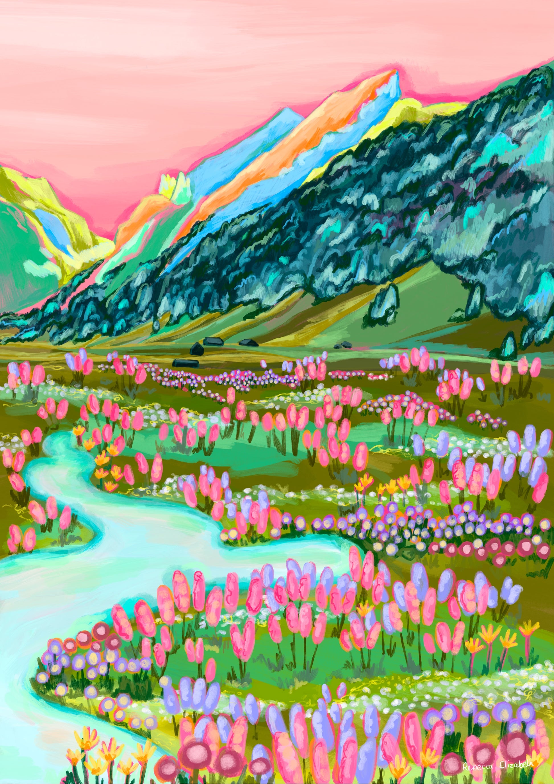 An illustration inspired by the swiss alps of mountains in green, yellow, orange and pink with a coral sky and lots of trees climbing the sides in dark teal. At the base of the hill are cabins, a river and lots of wild flowers growing. Designed by Rebecca Elizabeth Draws