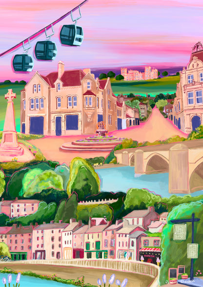 An illustration of Matlock bath and Matlock Derbyshire. Places included are the shops and amusement arcades of Matlock bath, the cable cars and the county offices of Matlock. The war memorial and Riber castle. All set against a pink and purple setting sun sky. 