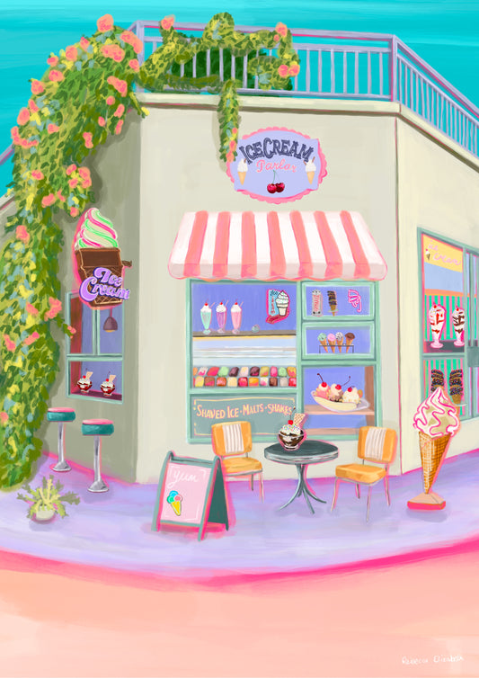 Colourful retro inspired ice cream parlour illustration with hot fudge sundae, banana split and milkshakes. A summer inspired art piece the perfect vibrant companion to your wall. Design by Rebecca Elizabeth Draws. 