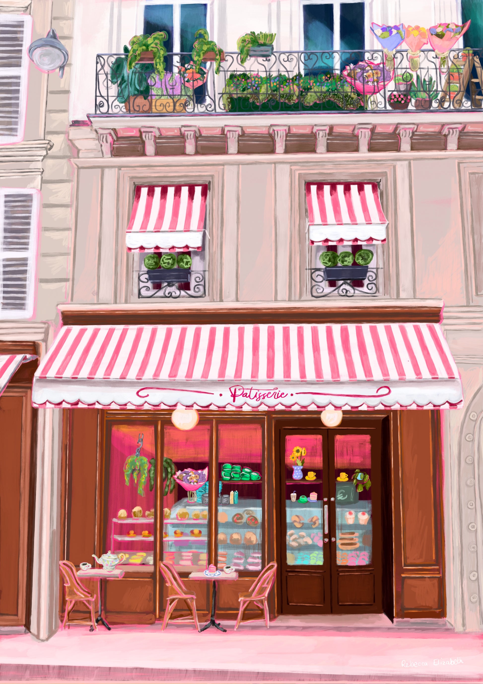 Illustration of a French patisserie , baked goods and pastries in the window with a red and white stripe cloth hanging over the front. Above there are balconies full of flowers and plants. The perfect whimsical art piece designed by Rebecca Elizabeth Draws.