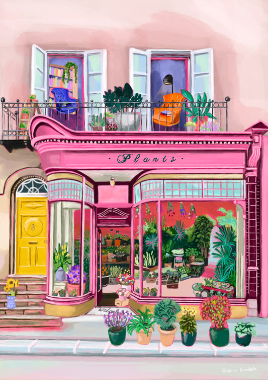 Pink shop front of a plant store  with lots of greenery inside, a balcony above with windows showing chairs and a bookcase and more flowers. A yellow door to the side with a sunflower vase resting on the steps by Rebecca Elizabeth Draws. 