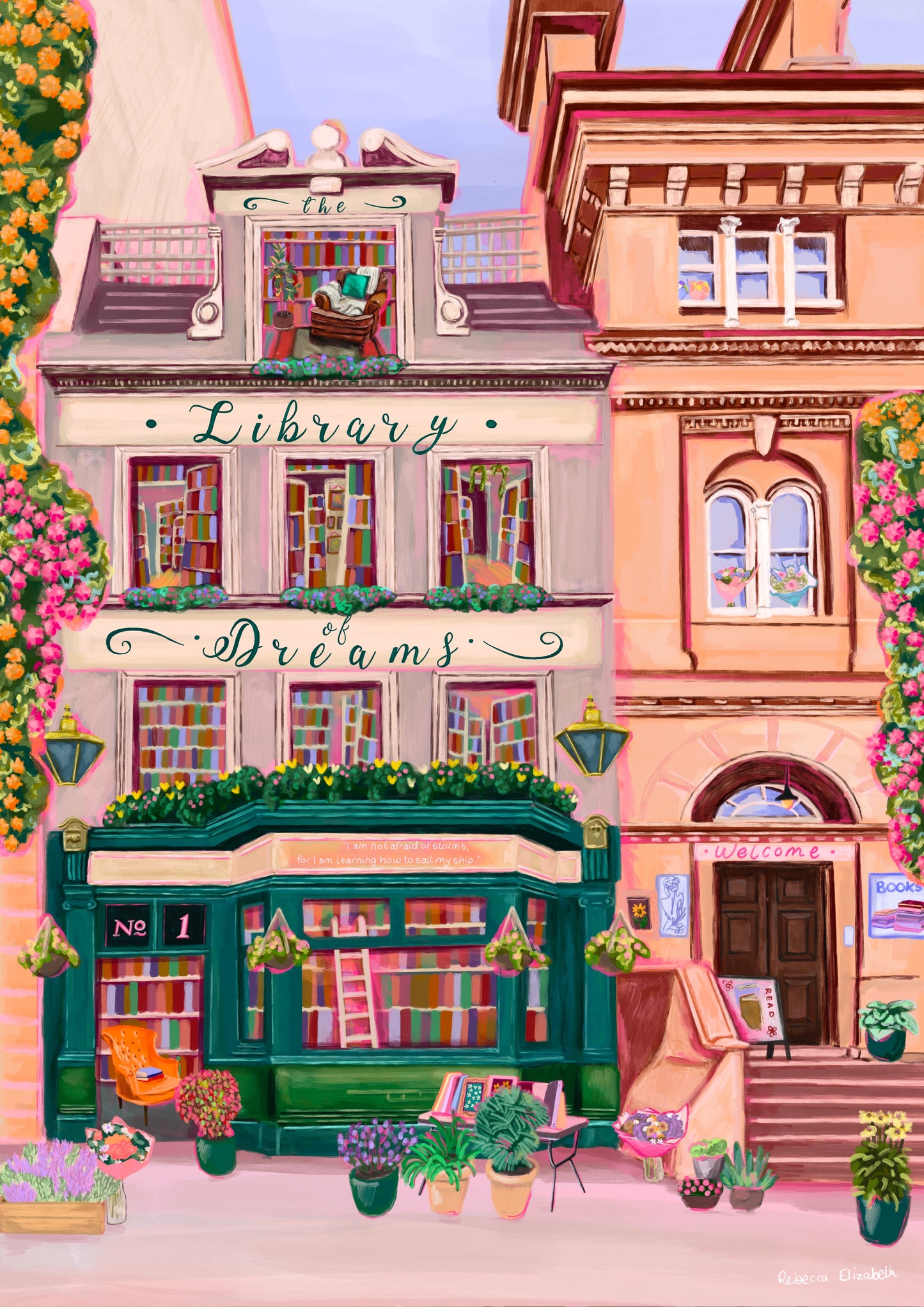 4 storey town house library with windows showing bookcases stacked full of books, covered with flowers & plants. A fantasy library perfect for cosying up with a good book designed by Rebecca Elizabeth Draws