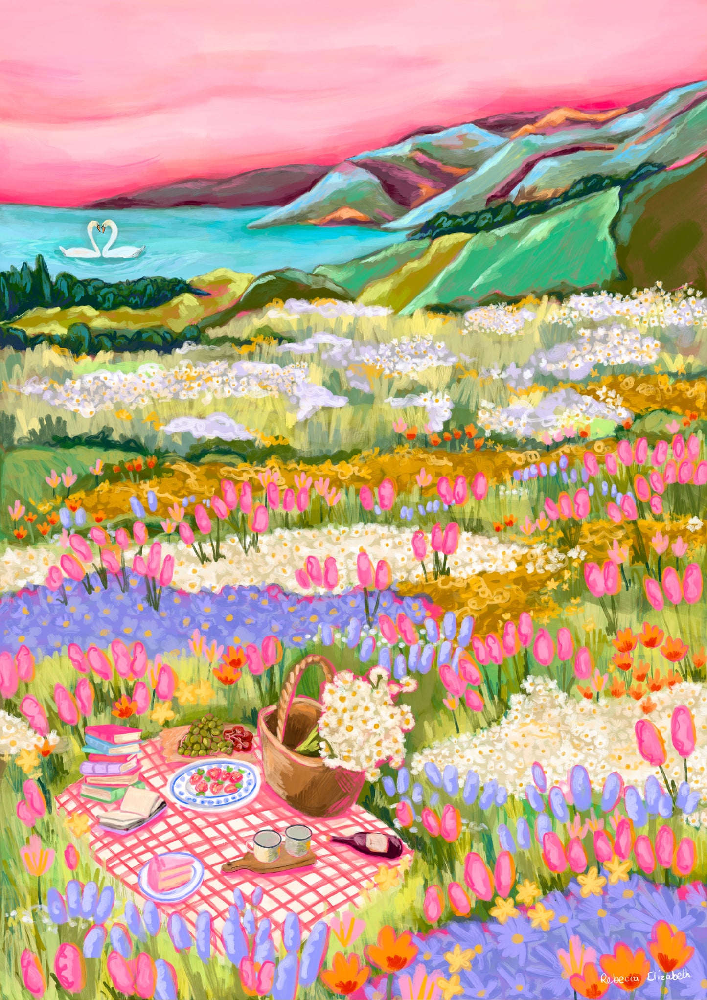 Colourful Illustration of wildflower fields with a picnic blanket, a basket of daisies and a few nibbles. In the background you can find the distant mountains and a lake where 2 swans sit. Designed by Rebecca Elizabeth Draws. 