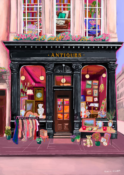 Illustration of a antiques shop front in black with ornate designs, inside is pink and golden with vintage objects such a clocks, statues, picture frames. The illustration gives off dark academia vibes. Designed by Rebecca Elizabeth Draws. 