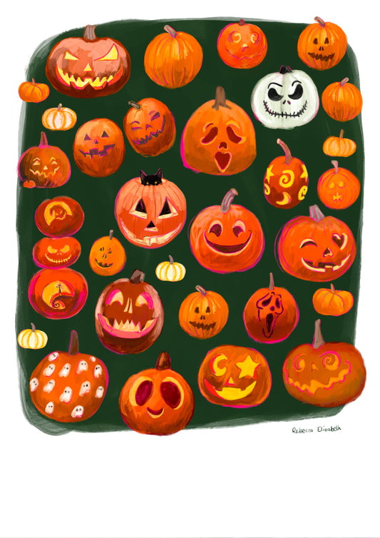 A selection of pumpkin illustrations with carved faces, painted faces in different sizes and shapes. All drawn in traditional oranges, with a couple of white gourds on a dark green background. 