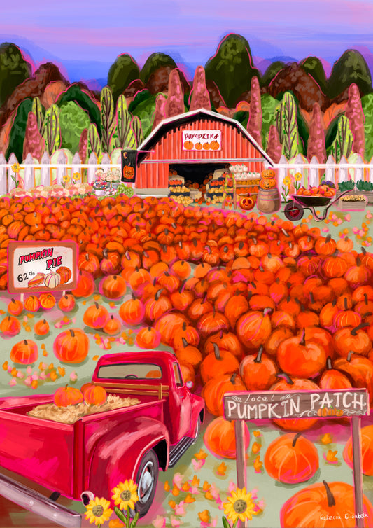 illustration of a pumpkin patch with lots of orange pumpkins, a red pickup ruck and a barn full of pumpkins. Autumnal trees in the background