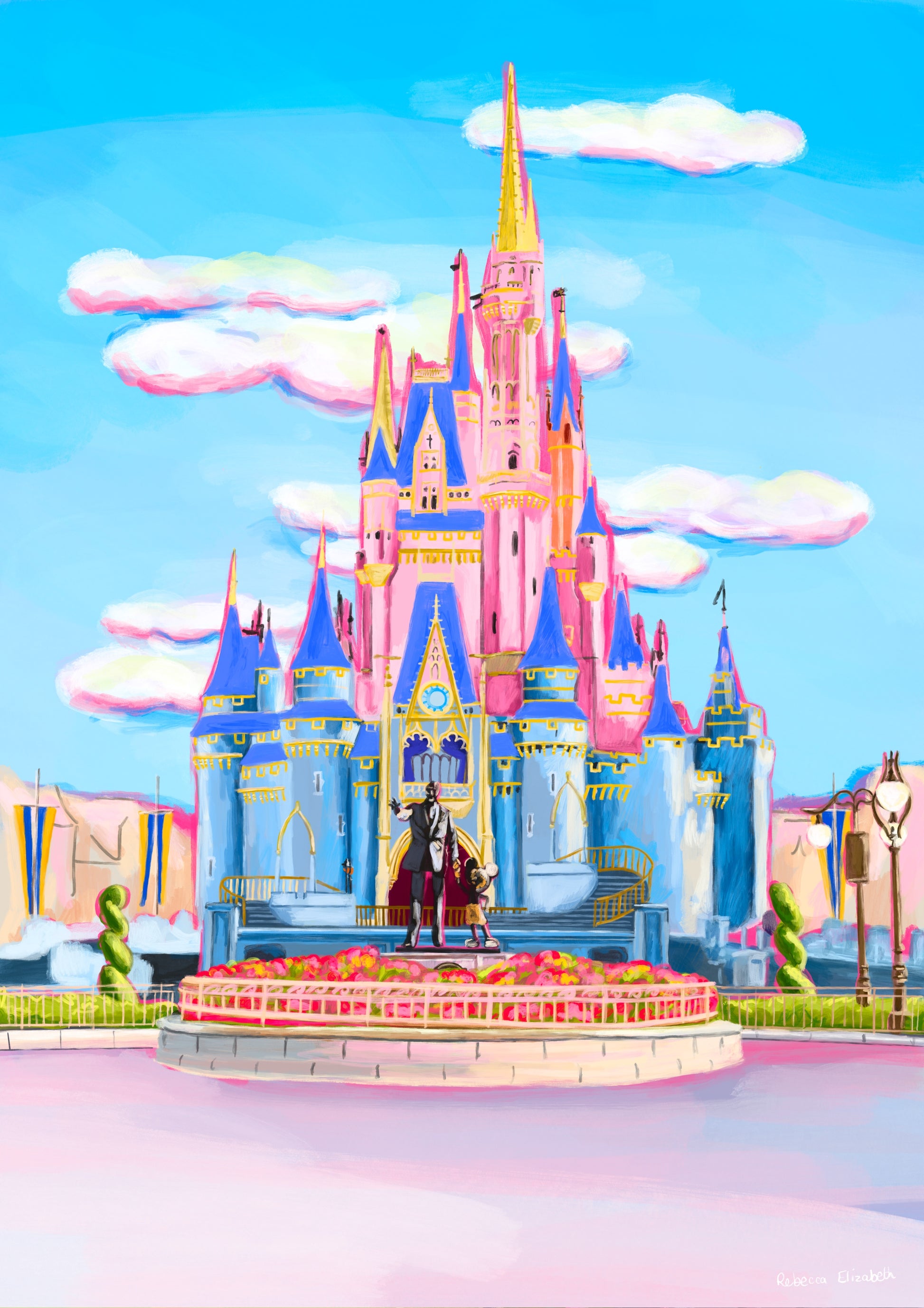 Illustration of magical castle in magic kingdom, Orlando Florida. In baby pinks and blues against a summery blue sky with white fluffy clouds. Art by Rebecca Elizabeth Draws. 