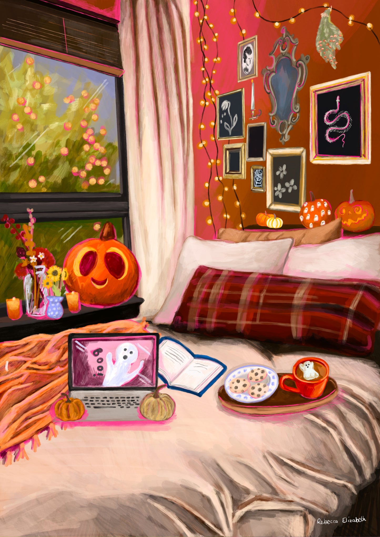 Bedroom corner in autumn illustration. Orange, red and pink colours used to create a warm glow, a bed in the foreground with a laptop, book & tray of cookies. The window behind shows autumn trees and the glow of the light inside reflected. The wall holds fairy lights & ornate picture frames. The is carved spooky pumpkins on the window sill. A cosy fall seasonal design.