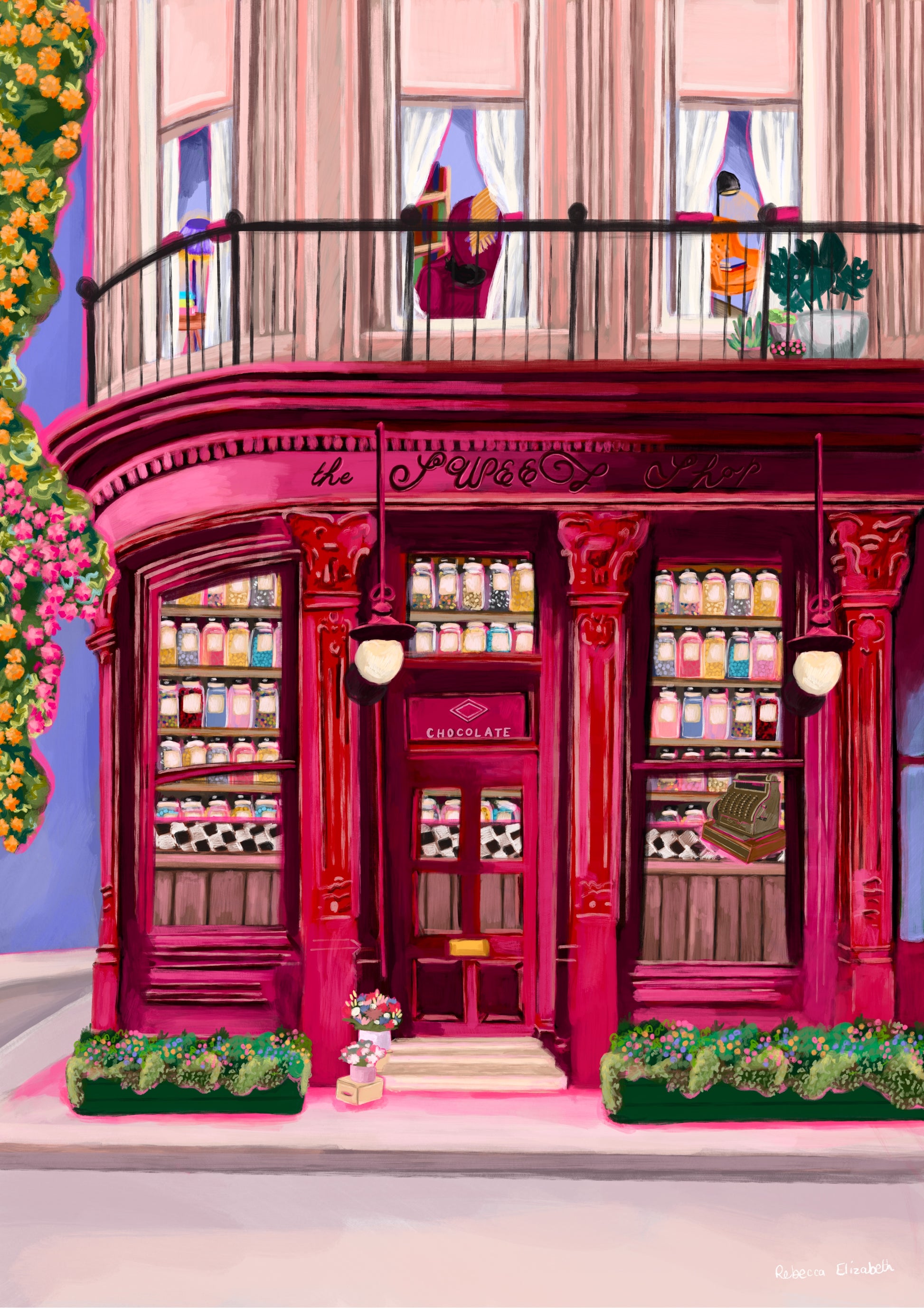 The sweet shop store front illustration. A red, burgundy, and pink toned shop front with ornate features, inside the window shelves of old-fashioned sweet jars filled with colourful candy. The countertop is black and white checker and a vintage till. The outside is surrounded by flowers. Designed by Rebecca Elizabeth Draws. 